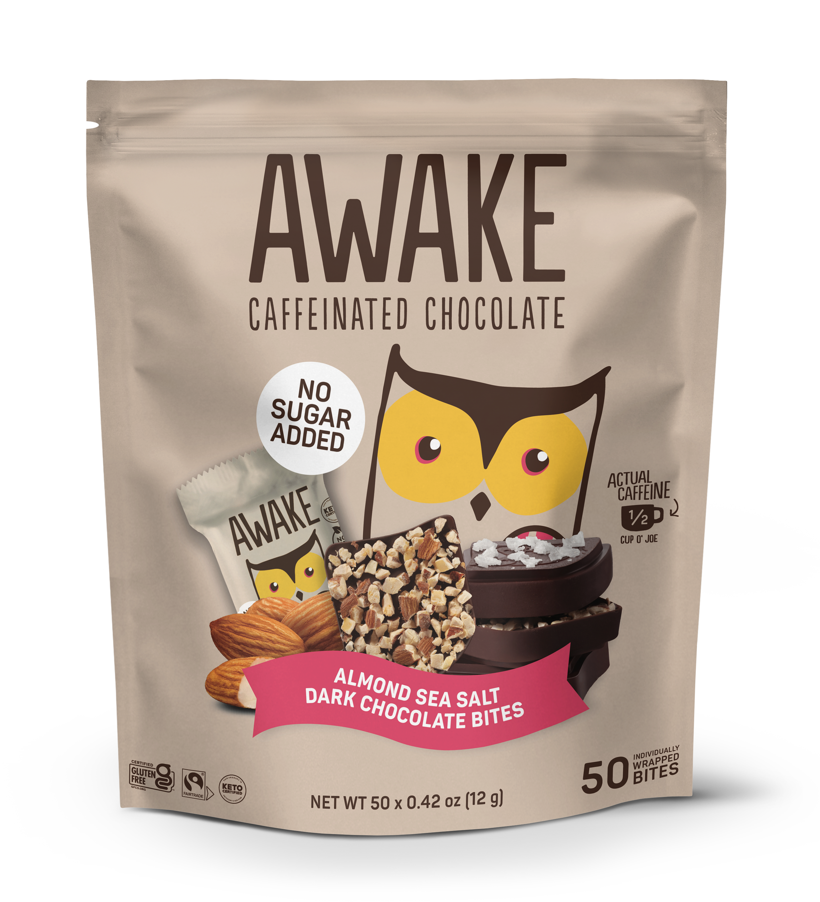 Package of Awake Almond Sea Salt Dark Chocolate Bites with owl design on a white background